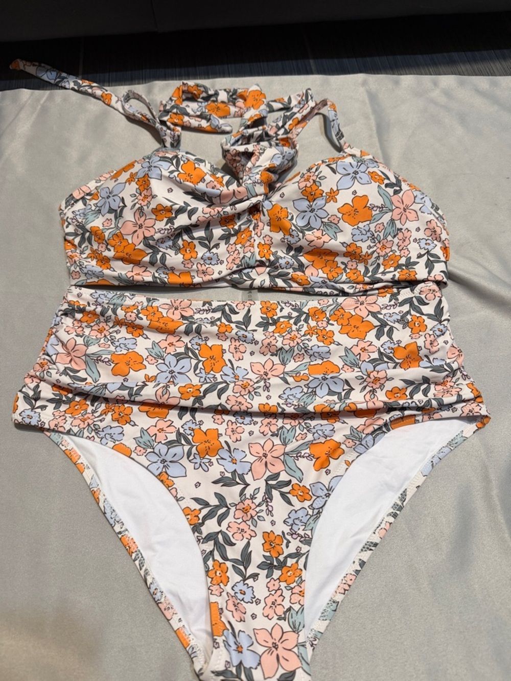 Floral Halter Tankini Bikini Set - Orange & Pink Floral